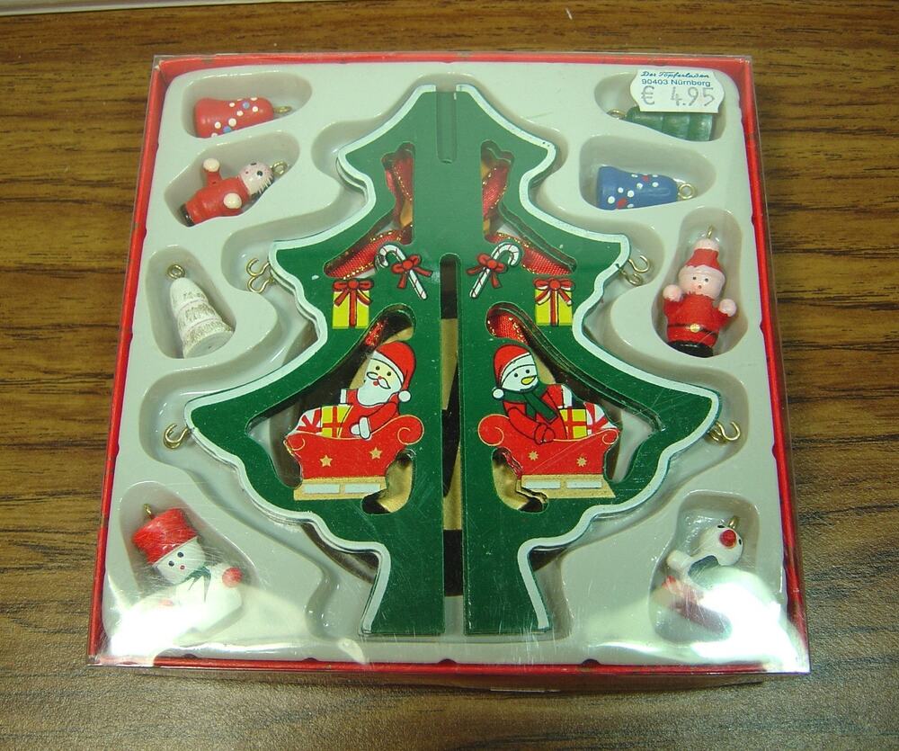 TINY 5" WOODEN TABLETOP TREE WITH 8 TINY ORNAMENTS